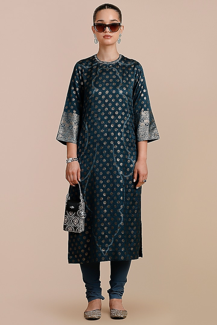 Prussian Blue Cotton Satin Linen Printed Tunic by JJV.Kapurthala By JJ Valaya at Pernia's Pop Up Shop