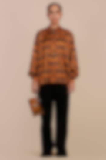 Rust Orange Cotton Satin Linen Ikat Printed Top by JJV.Kapurthala By JJ Valaya at Pernia's Pop Up Shop