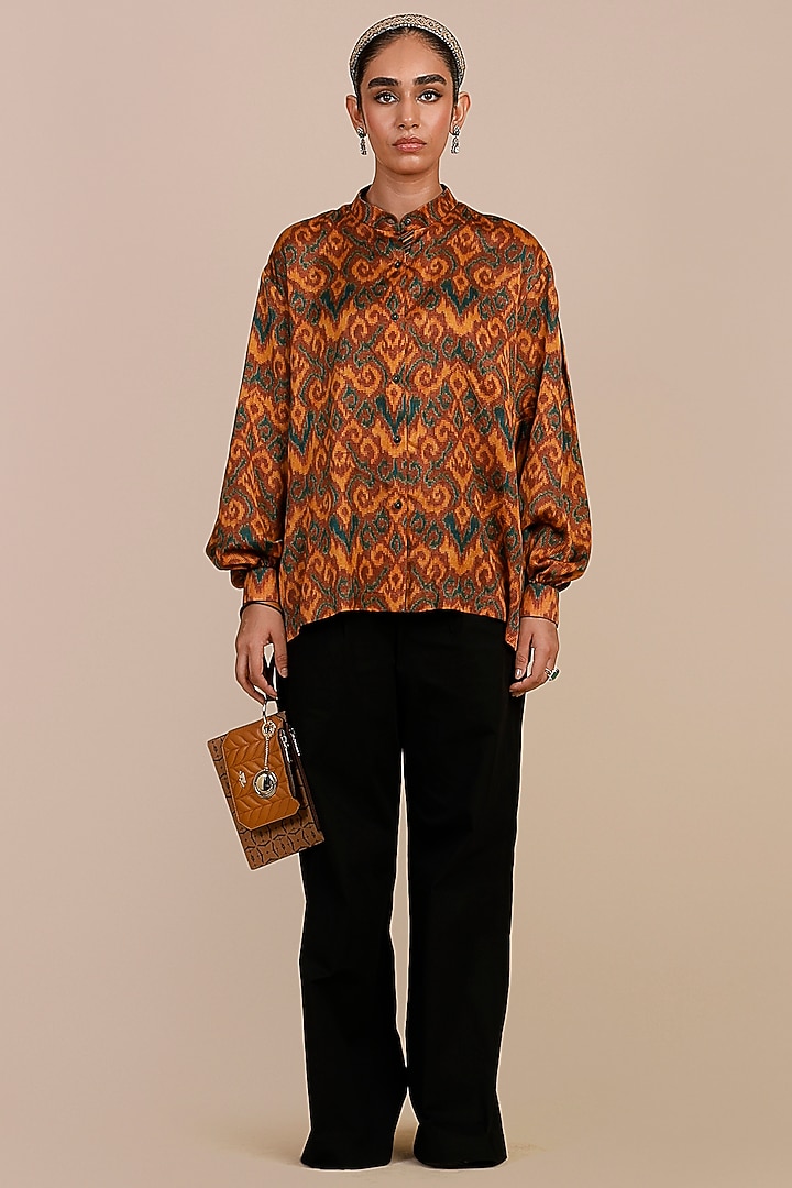 Rust Orange Cotton Satin Linen Ikat Printed Top by JJV.Kapurthala By JJ Valaya at Pernia's Pop Up Shop