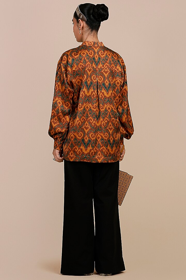 Rust Orange Cotton Satin Linen Ikat Printed Top by JJV.Kapurthala By JJ Valaya at Pernia's Pop Up Shop