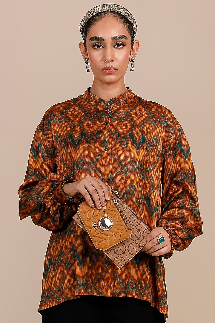 Rust Orange Cotton Satin Linen Ikat Printed Top by JJV.Kapurthala By JJ Valaya at Pernia's Pop Up Shop