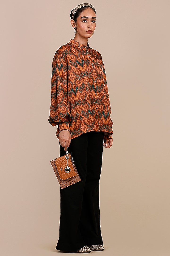 Rust Orange Cotton Satin Linen Ikat Printed Top by JJV.Kapurthala By JJ Valaya at Pernia's Pop Up Shop