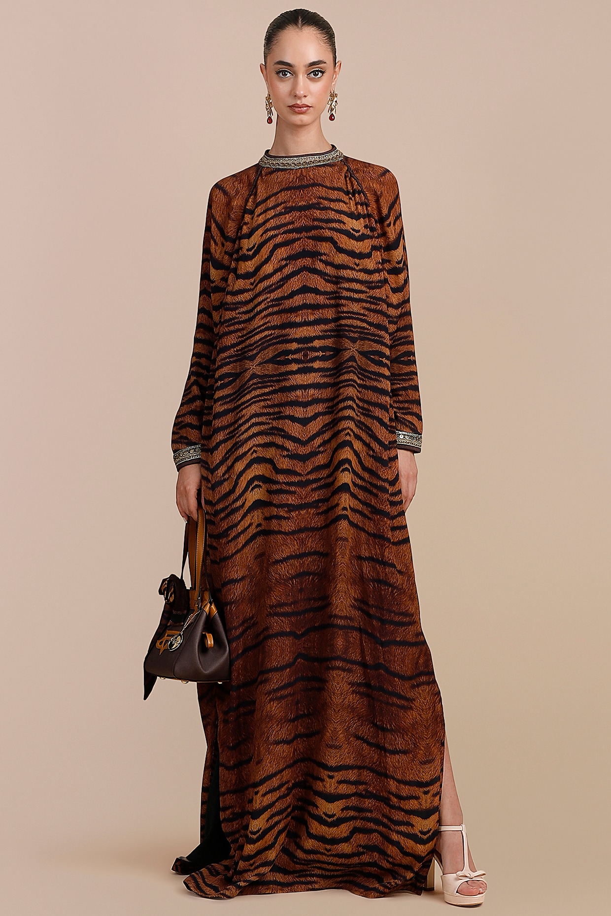 JJV.Kapurthala By JJ Valaya Brown Moss Crepe Tiger Printed Kaftan