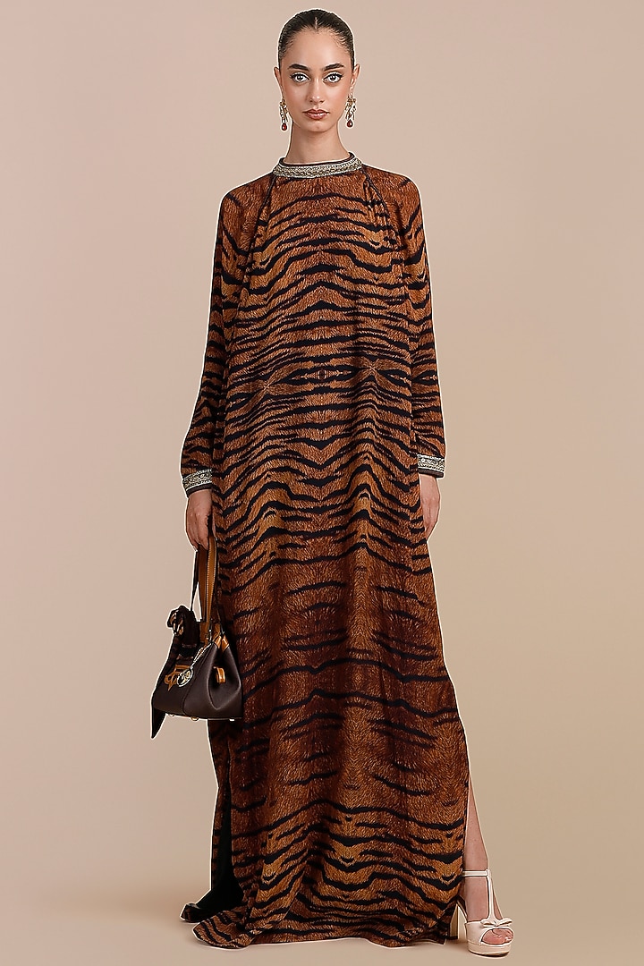Brown Moss Crepe Tiger Printed Kaftan by JJV.Kapurthala By JJ Valaya at Pernia's Pop Up Shop