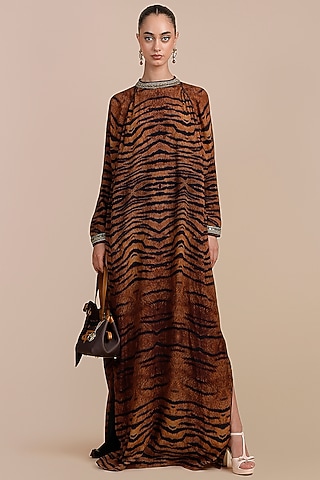 Brown Moss Crepe Tiger Printed Kaftan by JJV.Kapurthala By JJ Valaya