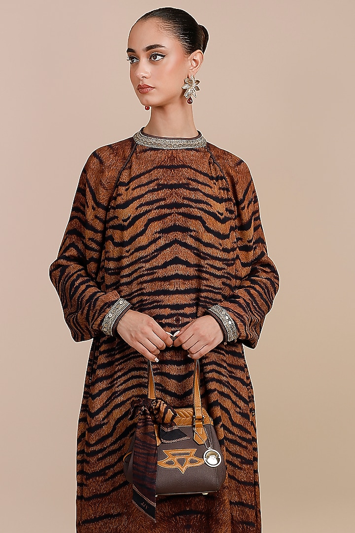 Brown Moss Crepe Tiger Printed Kaftan by JJV.Kapurthala By JJ Valaya at Pernia's Pop Up Shop