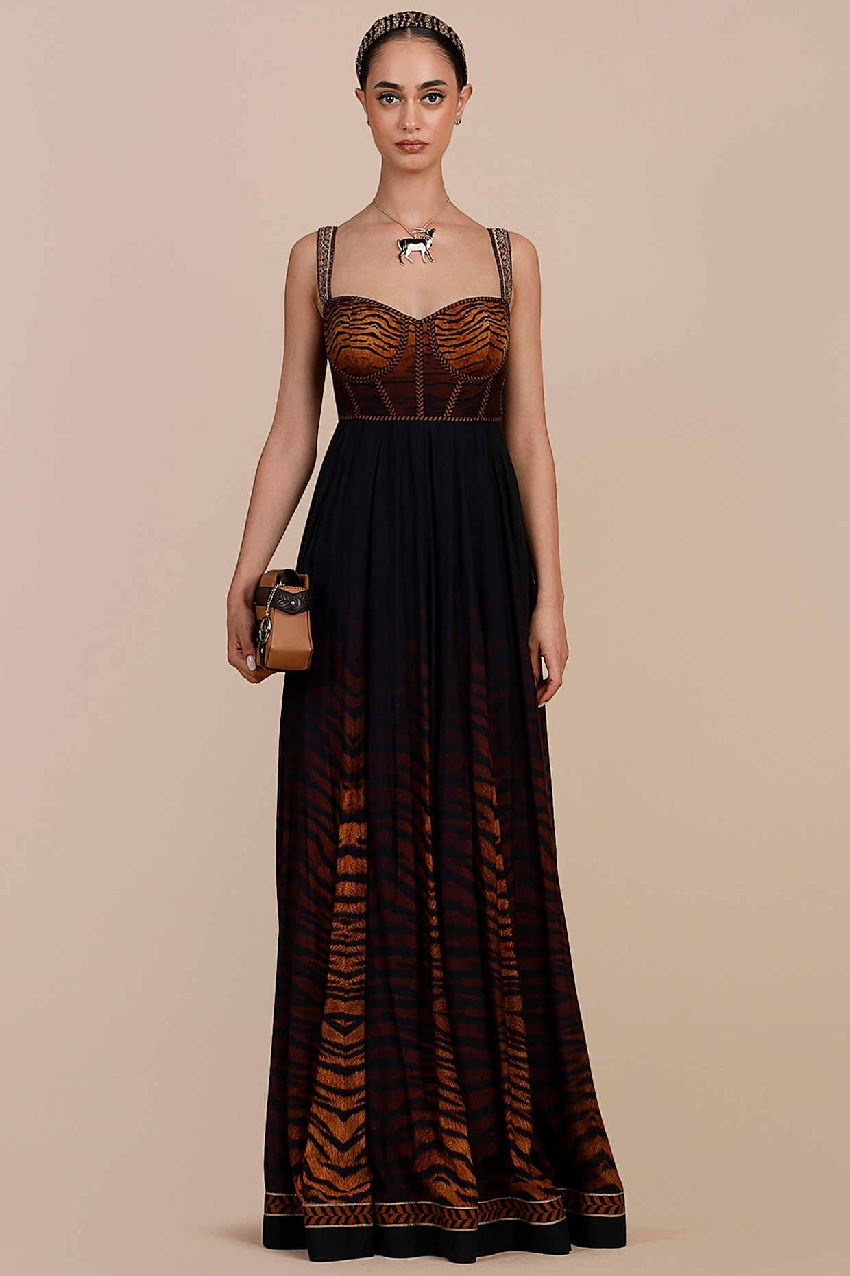JJV.Kapurthala By JJ Valaya Brown & Midnight Blue Cupro Viscose Tiger Printed Anarkali