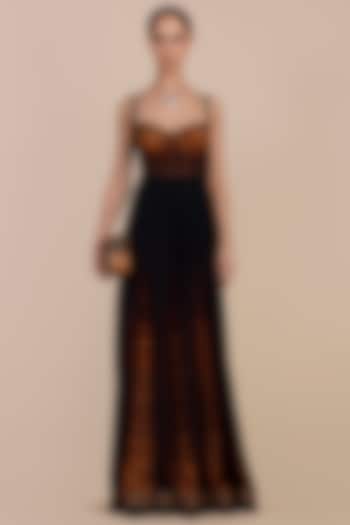 Brown & Midnight Blue Cupro Viscose Tiger Printed Wedding Anarkali by JJV.Kapurthala By JJ Valaya at Pernia's Pop Up Shop