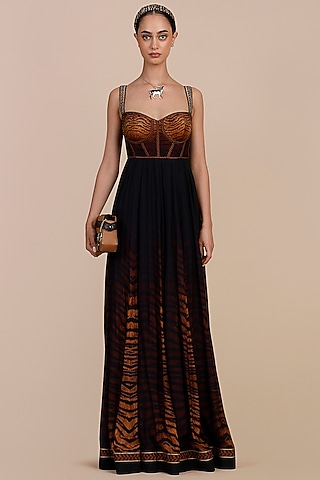 Brown & Midnight Blue Cupro Viscose Tiger Printed Anarkali by JJV.Kapurthala By JJ Valaya