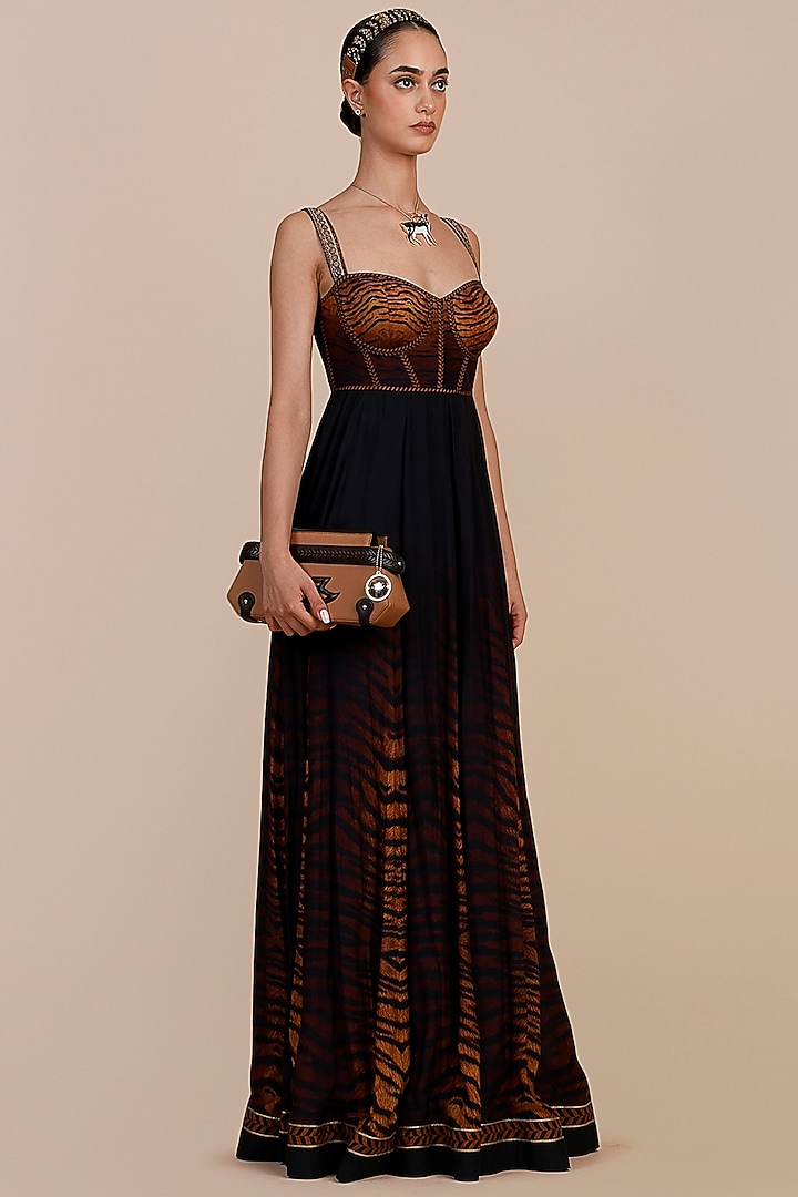 Brown & Midnight Blue Cupro Viscose Tiger Printed Wedding Anarkali by JJV.Kapurthala By JJ Valaya at Pernia's Pop Up Shop