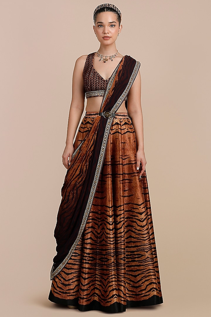 Brown Synthetic Silk Tiger Printed Skirt Set by JJV.Kapurthala By JJ Valaya at Pernia's Pop Up Shop