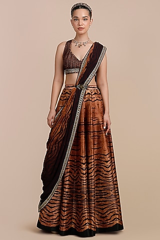 Brown Synthetic Silk Tiger Printed Skirt Set by JJV.Kapurthala By JJ Valaya