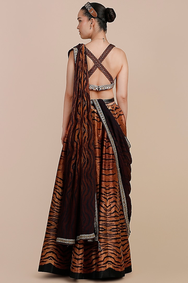 Brown Synthetic Silk Tiger Printed Skirt Set by JJV.Kapurthala By JJ Valaya at Pernia's Pop Up Shop
