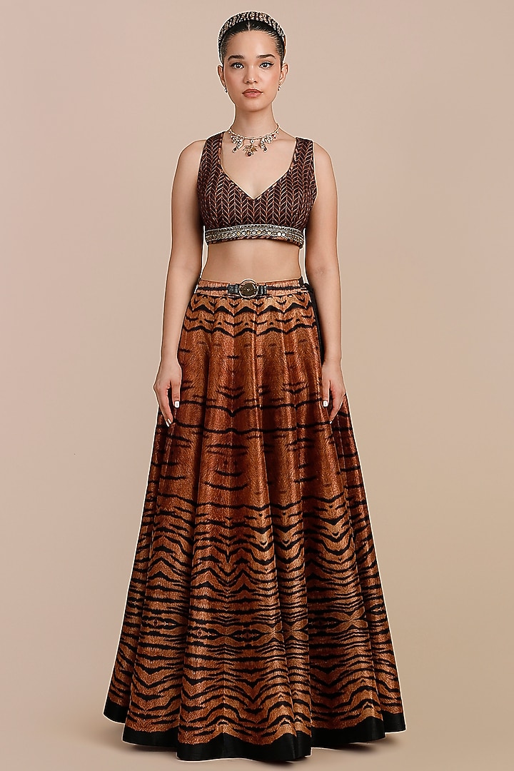 Brown Synthetic Silk Tiger Printed Skirt Set by JJV.Kapurthala By JJ Valaya at Pernia's Pop Up Shop