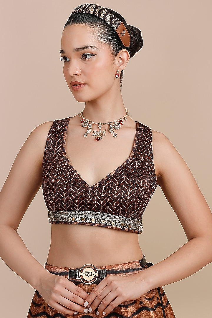 Brown Synthetic Silk Tiger Printed Skirt Set by JJV.Kapurthala By JJ Valaya at Pernia's Pop Up Shop