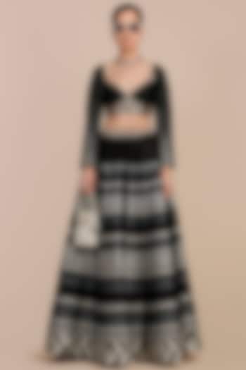 Black & Ivory Synthetic Silk Chevron Printed Skirt Set by JJV.Kapurthala By JJ Valaya at Pernia's Pop Up Shop