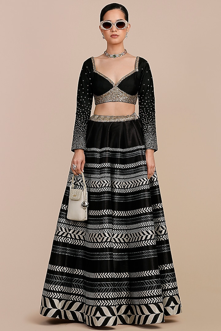 Black & Ivory Synthetic Silk Chevron Printed Skirt Set by JJV.Kapurthala By JJ Valaya at Pernia's Pop Up Shop