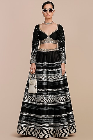 Black & Ivory Synthetic Silk Chevron Printed Skirt Set by JJV.Kapurthala By JJ Valaya