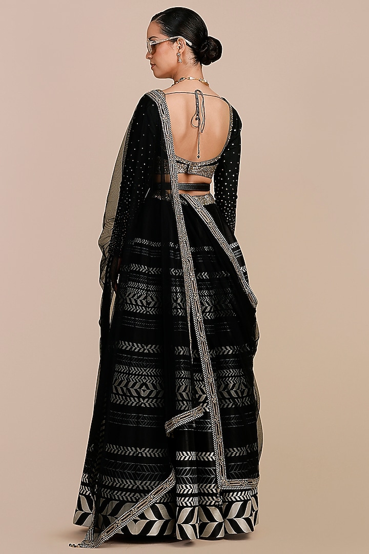 Black & Ivory Synthetic Silk Chevron Printed Skirt Set by JJV.Kapurthala By JJ Valaya at Pernia's Pop Up Shop
