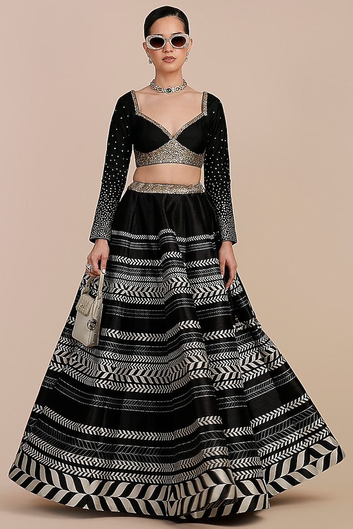 Black & Ivory Synthetic Silk Chevron Printed Skirt Set by JJV.Kapurthala By JJ Valaya at Pernia's Pop Up Shop