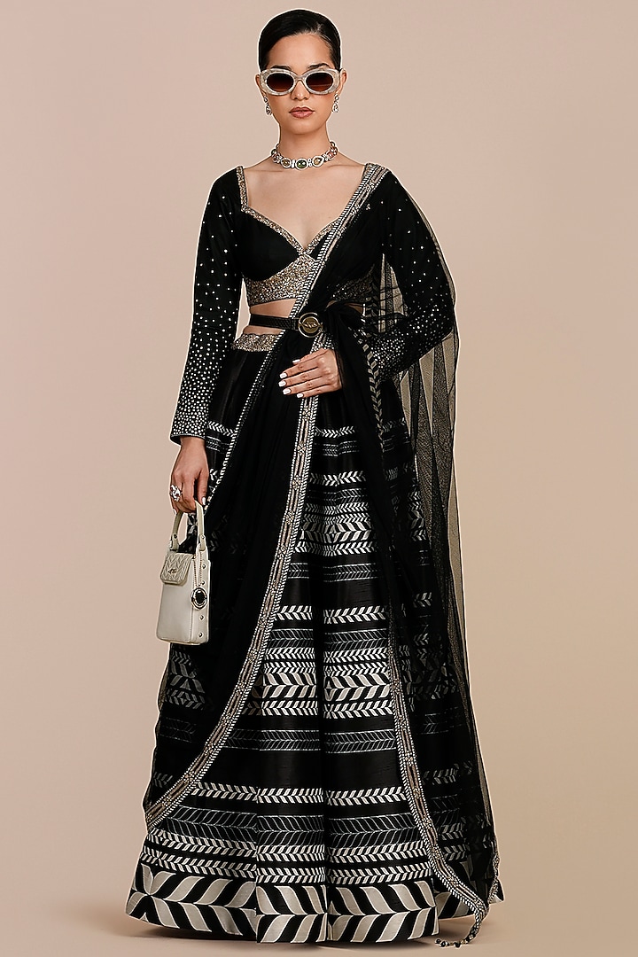Black & Ivory Synthetic Silk Chevron Printed Skirt Set by JJV.Kapurthala By JJ Valaya at Pernia's Pop Up Shop