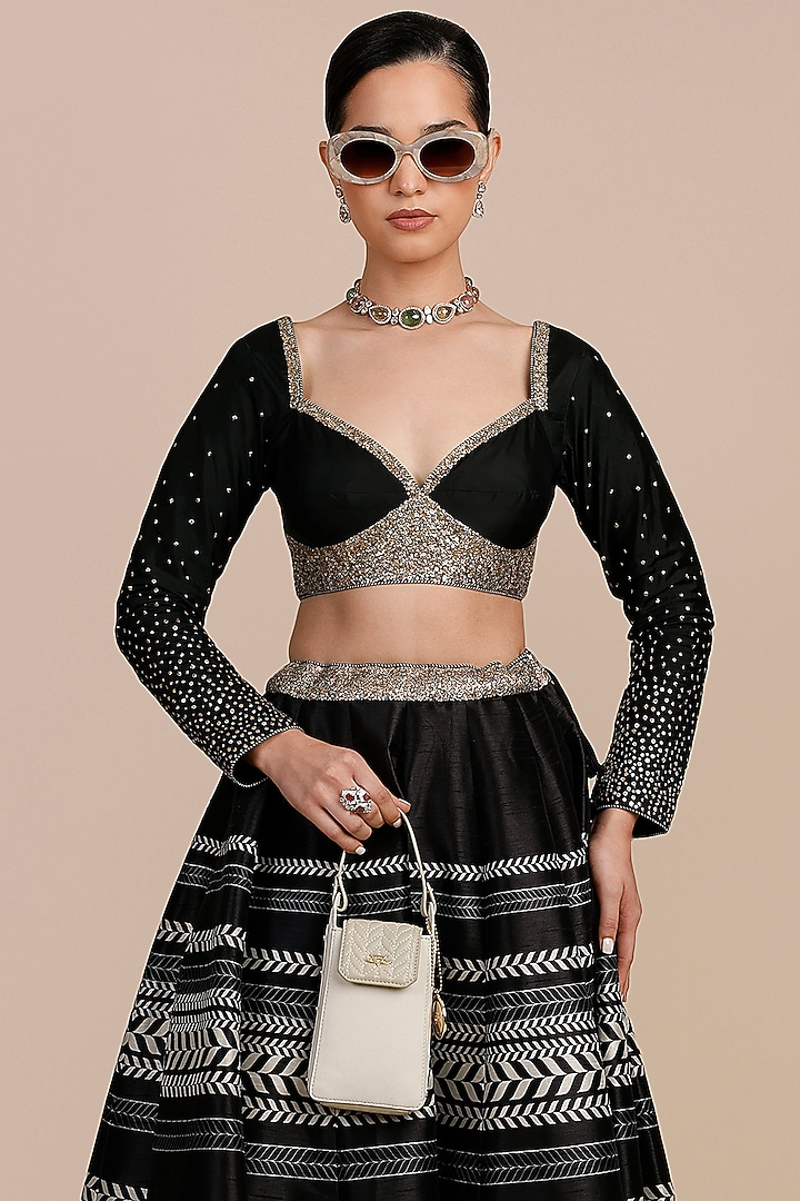 Black & Ivory Synthetic Silk Chevron Printed Skirt Set by JJV.Kapurthala By JJ Valaya at Pernia's Pop Up Shop