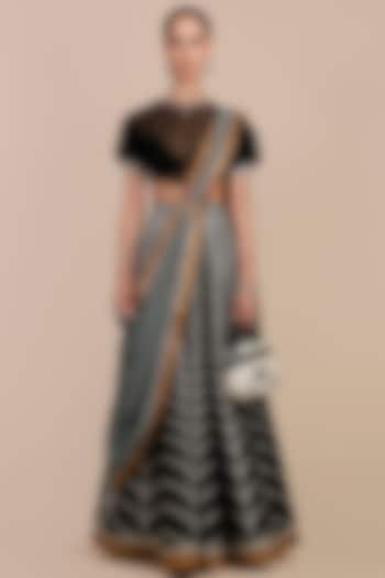 Black & Ivory Synthetic Silk Chevron Printed Skirt Set by JJV.Kapurthala By JJ Valaya at Pernia's Pop Up Shop