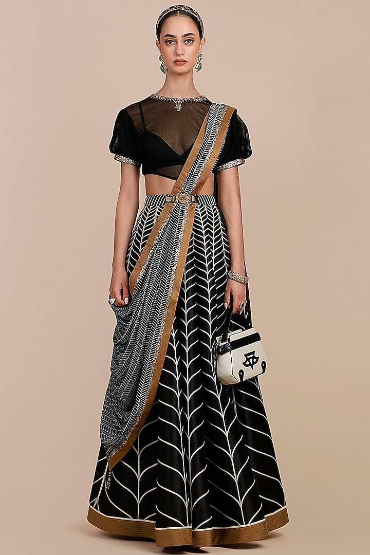 Black & Ivory Synthetic Silk Chevron Printed Skirt Set by JJV.Kapurthala By JJ Valaya at Pernia's Pop Up Shop