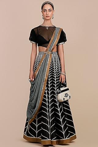 Black & Ivory Synthetic Silk Chevron Printed Skirt Set by JJV.Kapurthala By JJ Valaya