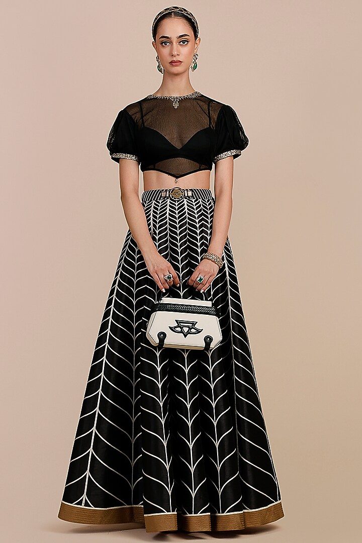 Black & Ivory Synthetic Silk Chevron Printed Skirt Set by JJV.Kapurthala By JJ Valaya at Pernia's Pop Up Shop