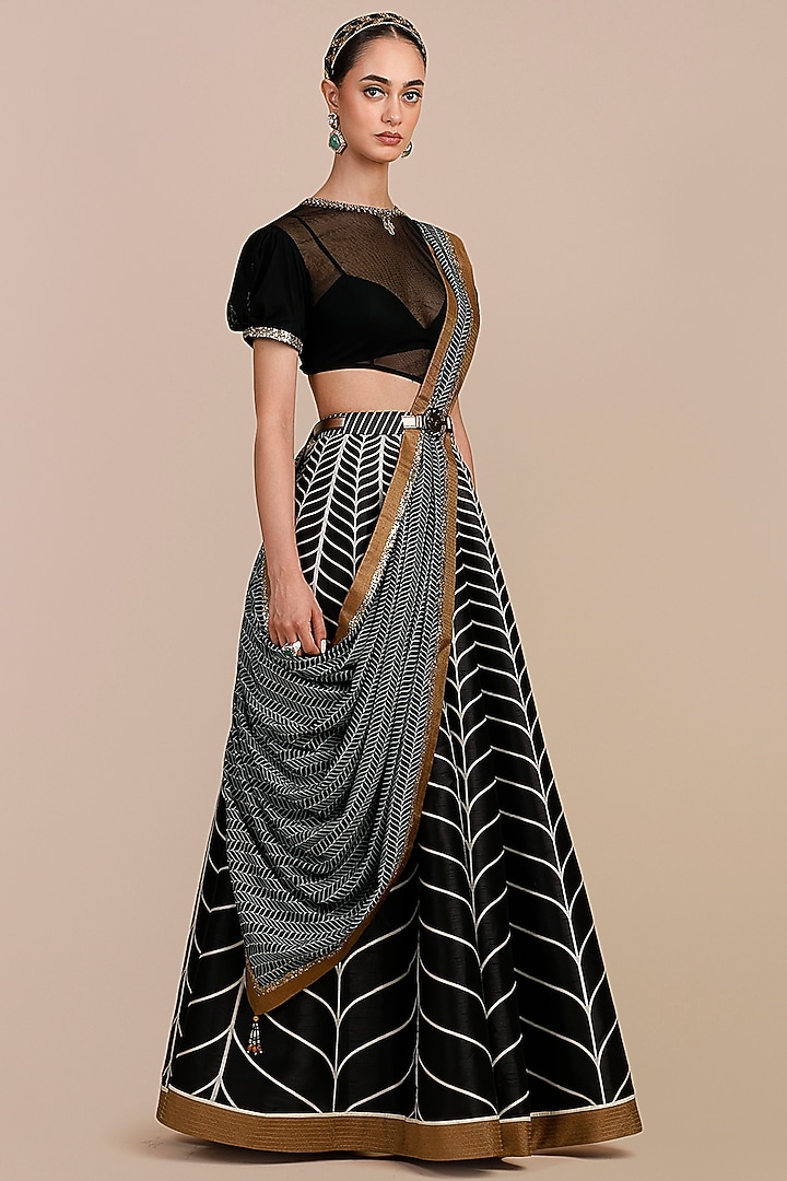 Black & Ivory Synthetic Silk Chevron Printed Skirt Set by JJV.Kapurthala By JJ Valaya at Pernia's Pop Up Shop