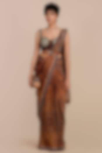 Brown Synthetic Silk Tiger Printed Wedding Saree Set by JJV.Kapurthala By JJ Valaya at Pernia's Pop Up Shop