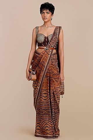 Brown Synthetic Silk Tiger Printed Saree Set by JJV.Kapurthala By JJ Valaya
