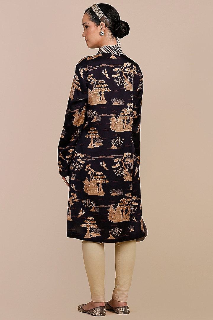 Deep Violet Cotton Satin Linen Oriental Printed Tunic Set by JJV.Kapurthala By JJ Valaya at Pernia's Pop Up Shop