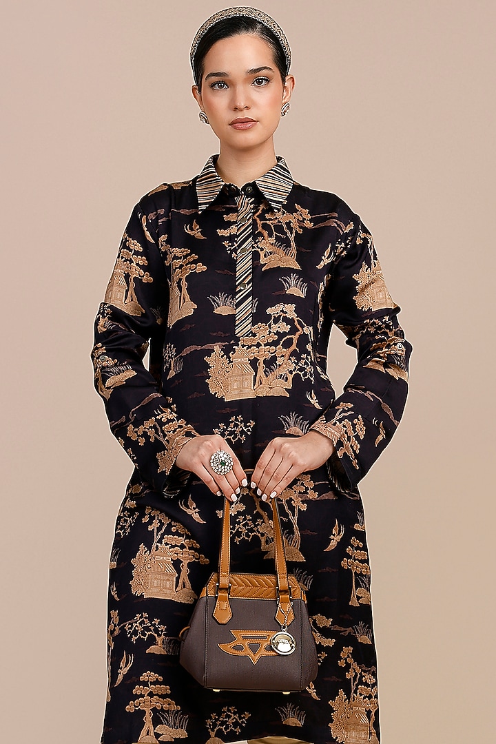 Deep Violet Cotton Satin Linen Oriental Printed Tunic Set by JJV.Kapurthala By JJ Valaya at Pernia's Pop Up Shop