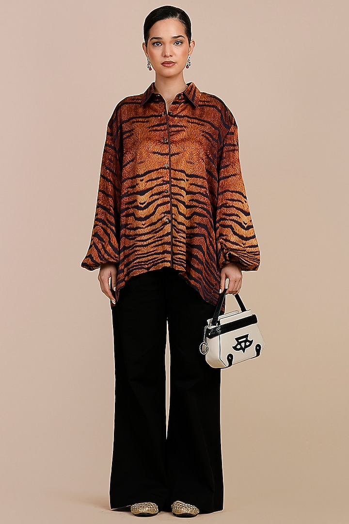 Brown Cotton Satin Linen Tiger Printed Shirt by JJV.Kapurthala By JJ Valaya at Pernia's Pop Up Shop