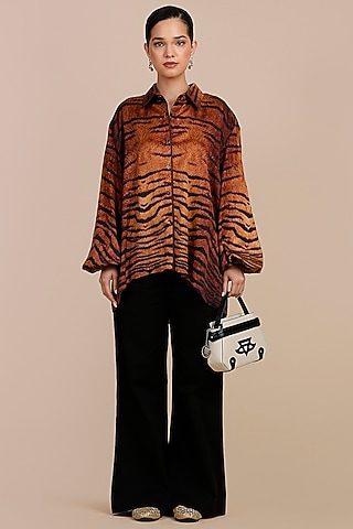 Brown Cotton Satin Linen Tiger Printed Shirt by JJV.Kapurthala By JJ Valaya