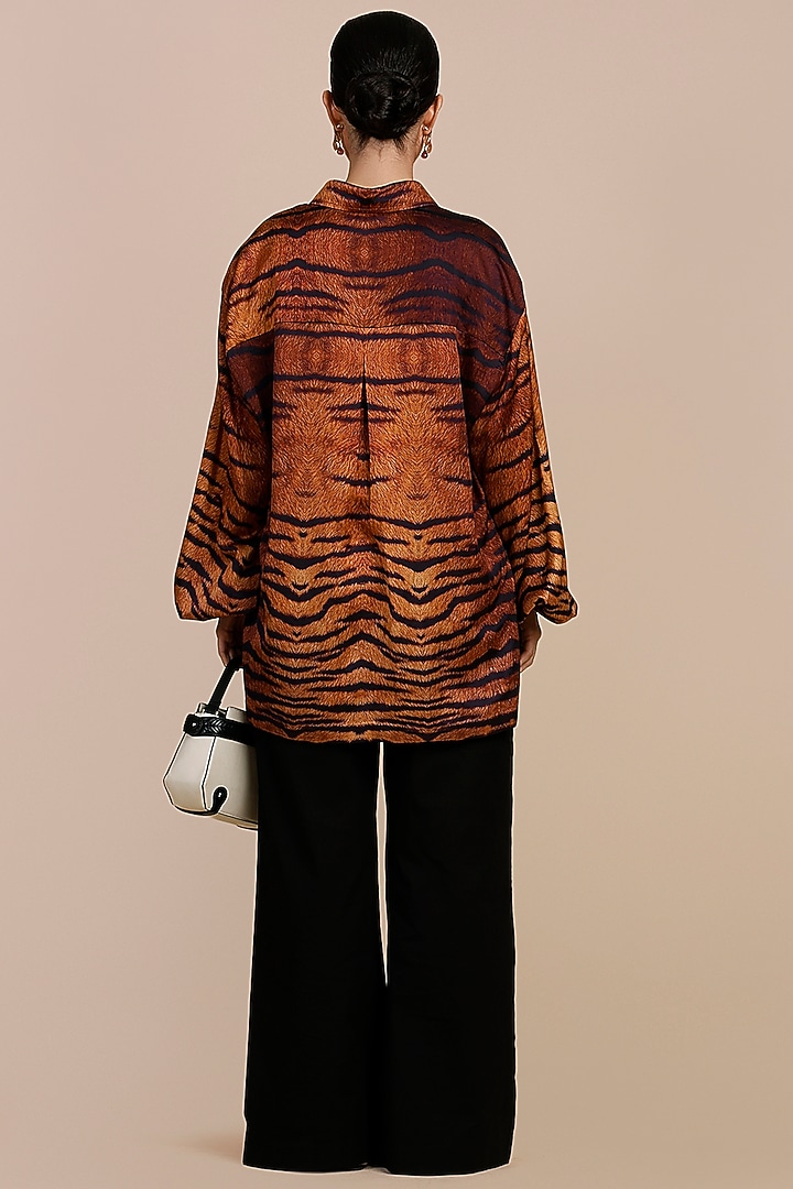 Brown Cotton Satin Linen Tiger Printed Shirt by JJV.Kapurthala By JJ Valaya at Pernia's Pop Up Shop
