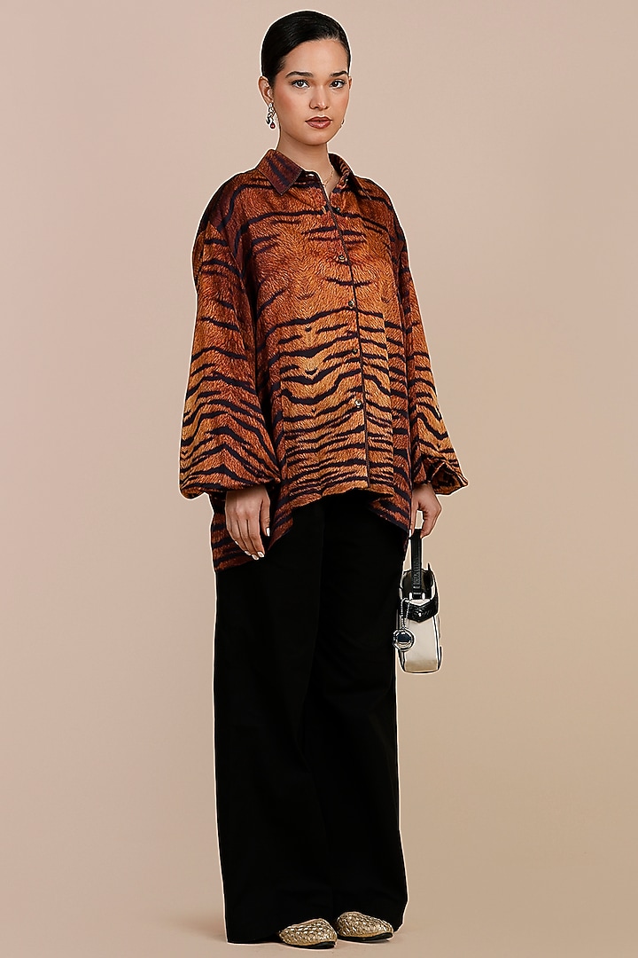 Brown Cotton Satin Linen Tiger Printed Shirt by JJV.Kapurthala By JJ Valaya at Pernia's Pop Up Shop