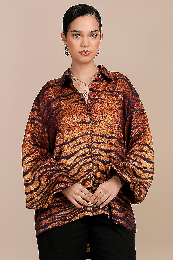 Brown Cotton Satin Linen Tiger Printed Shirt by JJV.Kapurthala By JJ Valaya at Pernia's Pop Up Shop