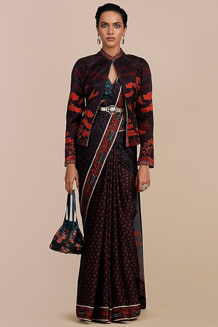 Midnight Plum Cotton Satin Linen Printed Reversible Jacket by JJV.Kapurthala By JJ Valaya at Pernia's Pop Up Shop