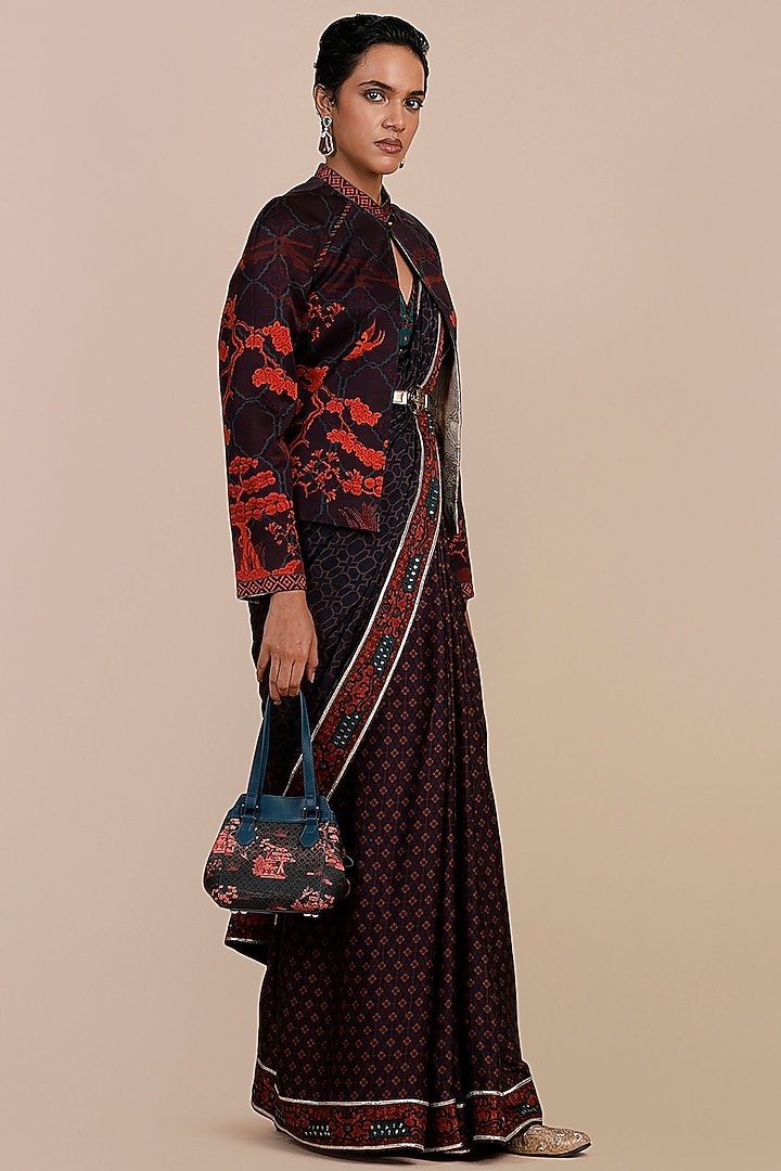 Midnight Plum Cotton Satin Linen Printed Reversible Jacket by JJV.Kapurthala By JJ Valaya at Pernia's Pop Up Shop