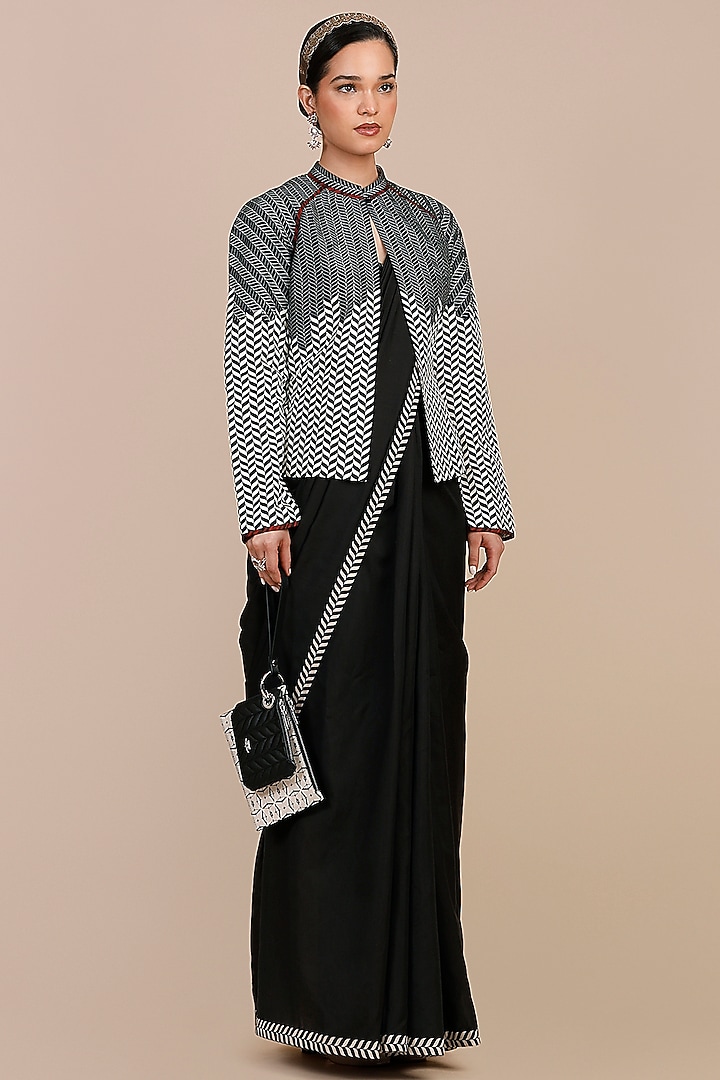 Midnight Blue Cotton Satin Linen Chevron Printed Jacket by JJV.Kapurthala By JJ Valaya at Pernia's Pop Up Shop