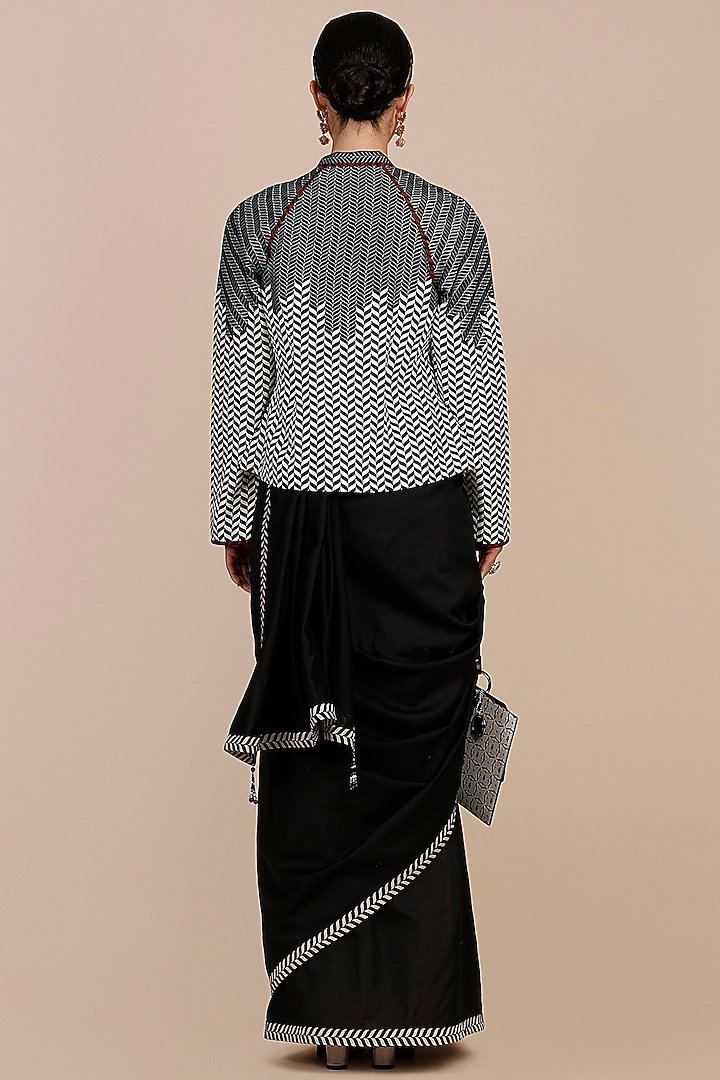 Midnight Blue Cotton Satin Linen Chevron Printed Jacket by JJV.Kapurthala By JJ Valaya at Pernia's Pop Up Shop