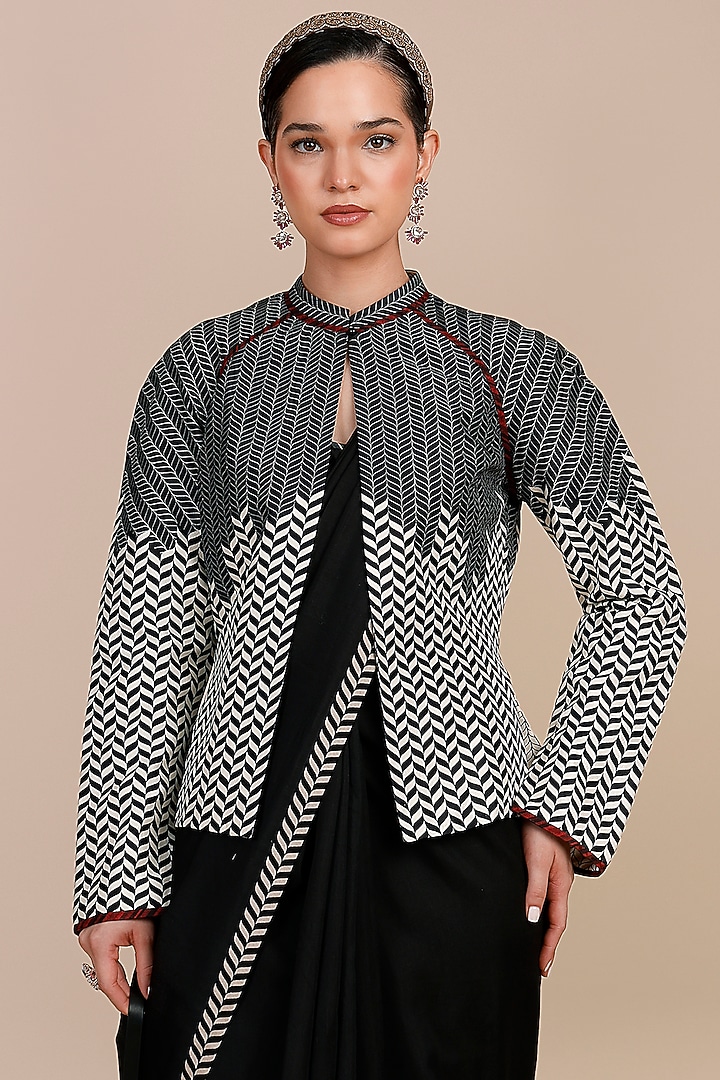 Midnight Blue Cotton Satin Linen Chevron Printed Jacket by JJV.Kapurthala By JJ Valaya at Pernia's Pop Up Shop