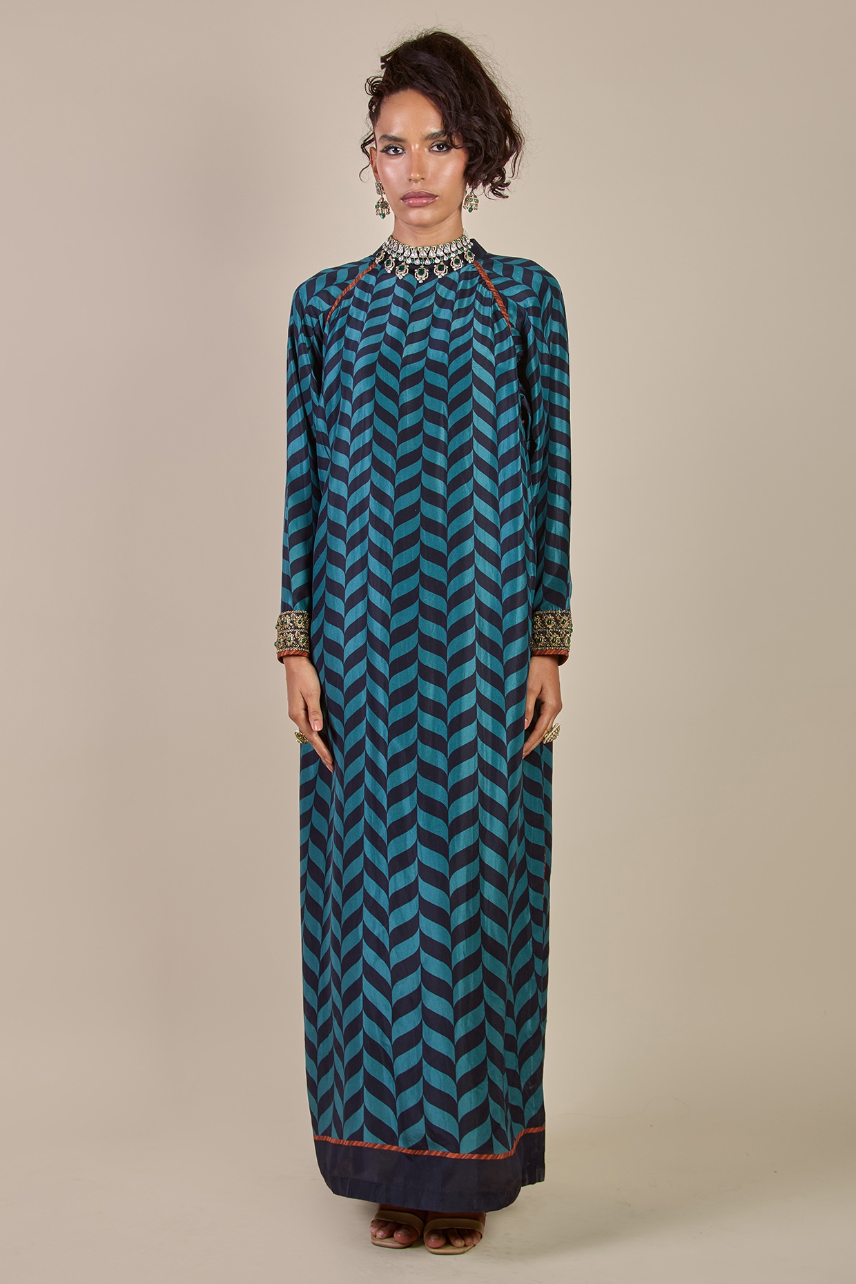 JJV.Kapurthala By JJ Valaya Teal Blue Habutai Silk Chevron Printed Kaftan