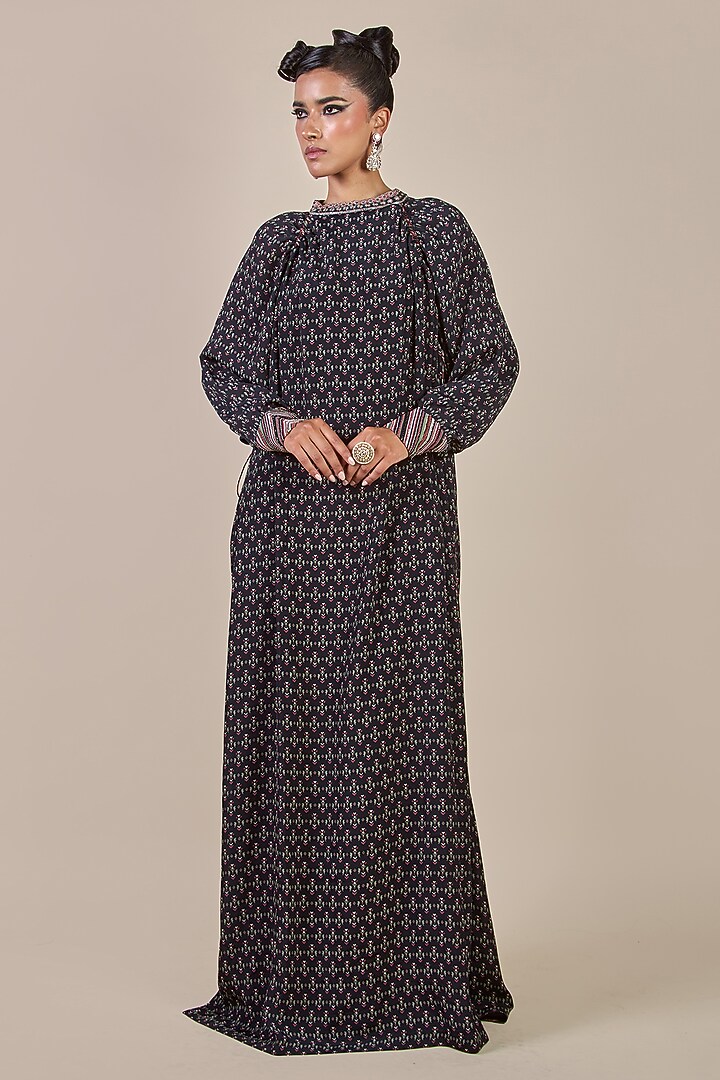 Teal Blue Habutai Silk Printed Kaftan by JJV.Kapurthala By JJ Valaya Men at Pernia's Pop Up Shop