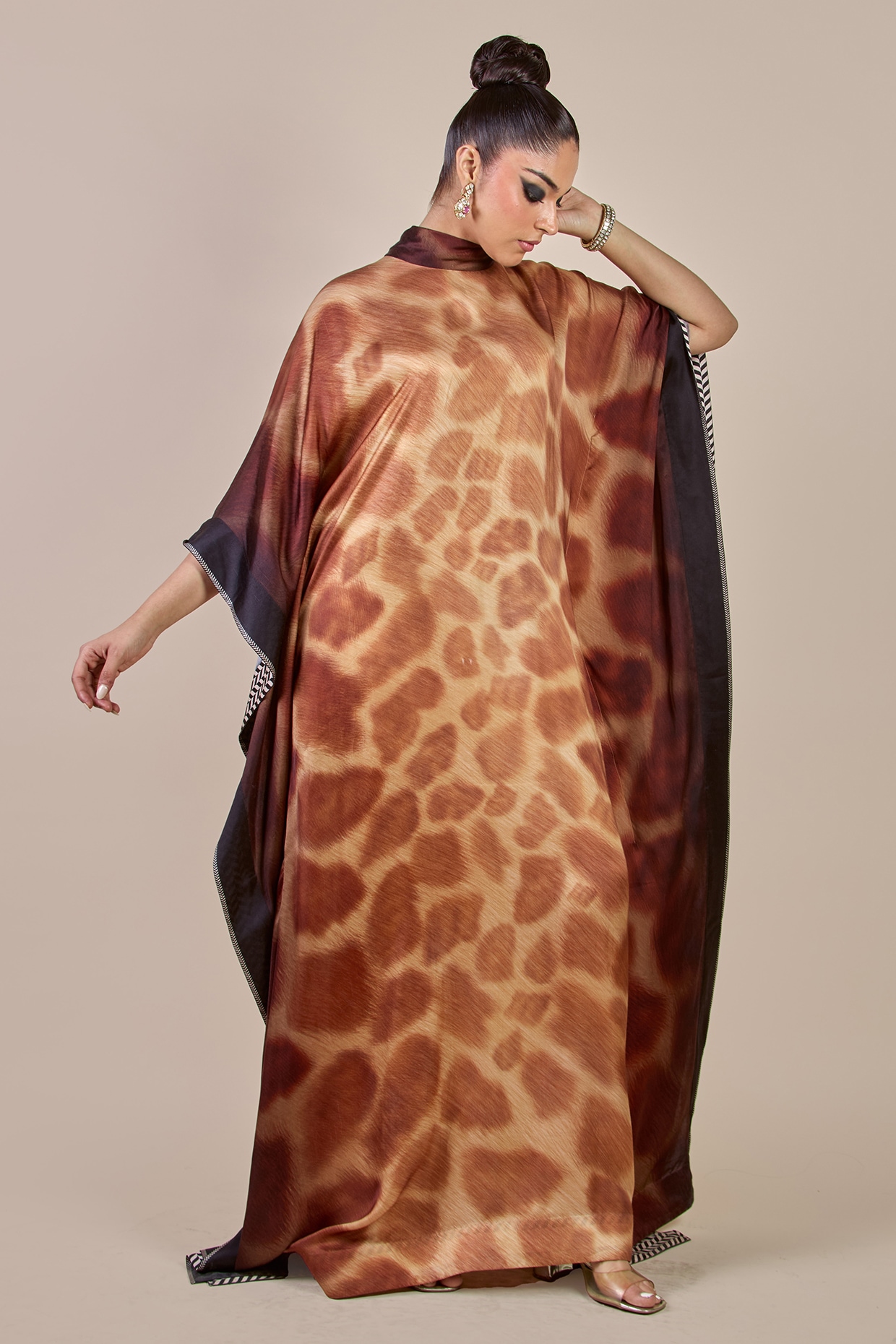 JJV.Kapurthala By JJ Valaya Brown Viscose Satin Giraffe Printed Kaftan