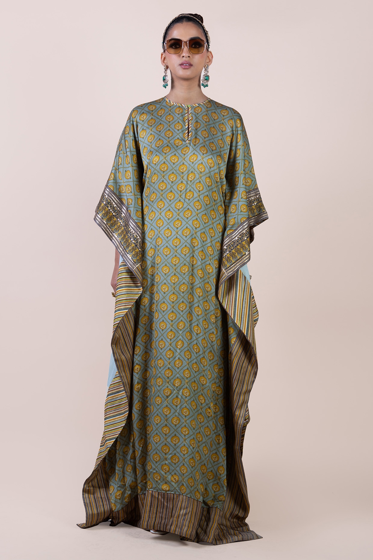 JJV.Kapurthala By JJ Valaya Mint Green Viscose Satin Jaal Printed Kaftan
