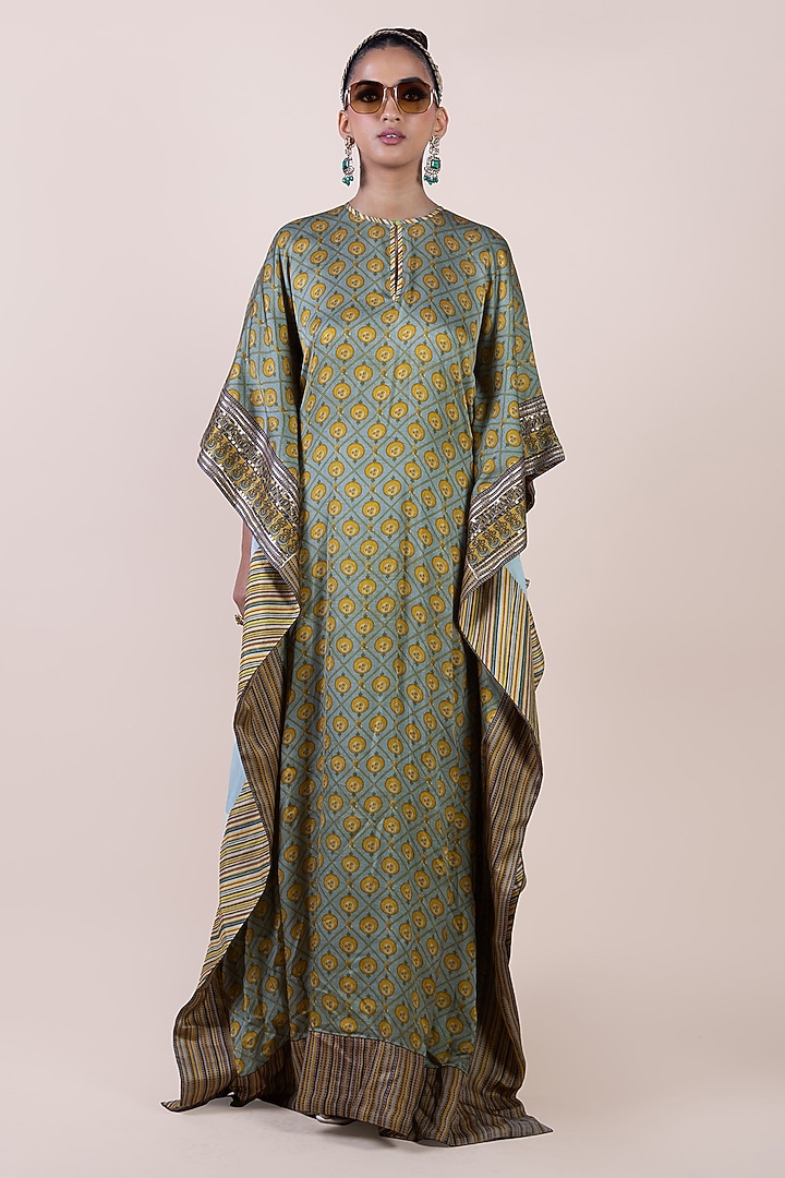 Mint Green Viscose Satin Jaal Printed Kaftan by JJV.Kapurthala By JJ Valaya at Pernia's Pop Up Shop